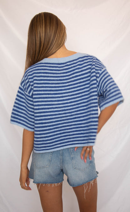 can't be without striped short sleeve cardigan - blue