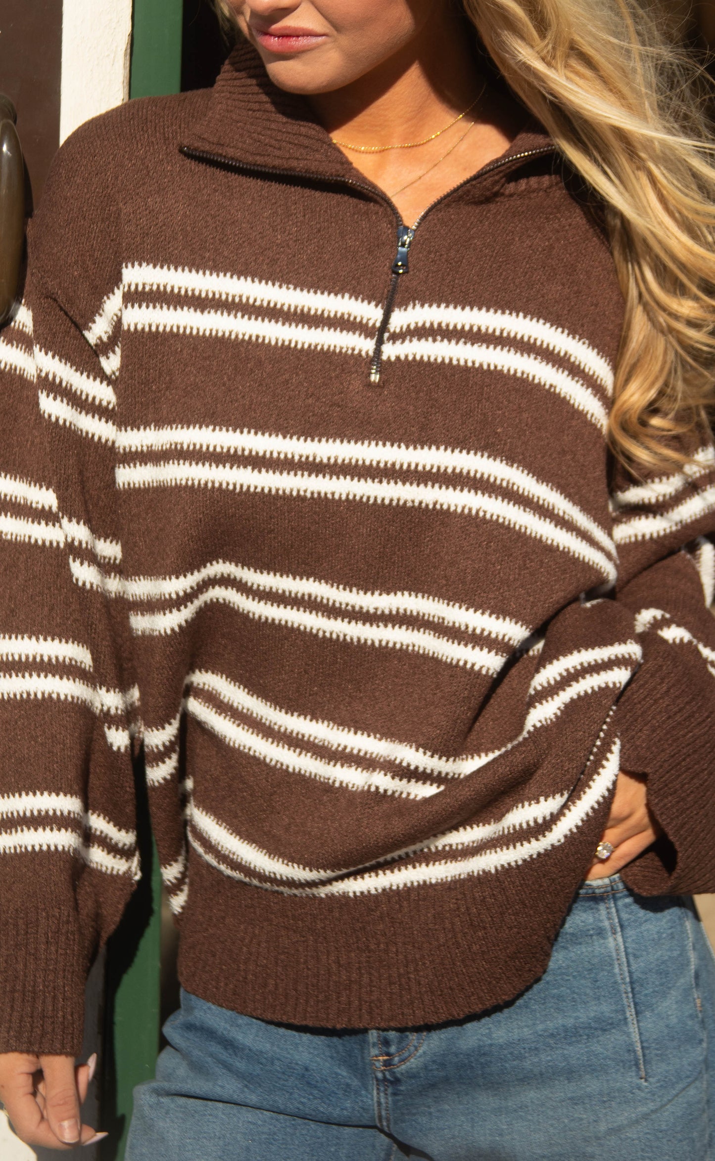 pick me up striped quarter zip sweater