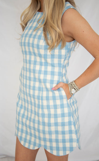 heritage gingham scallop hem mini dress - blue