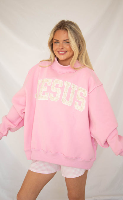Jesus embroidered mock neck - pink