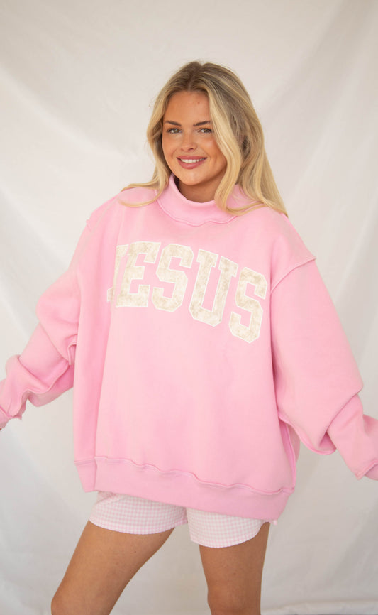 Jesus embroidered mock neck - pink