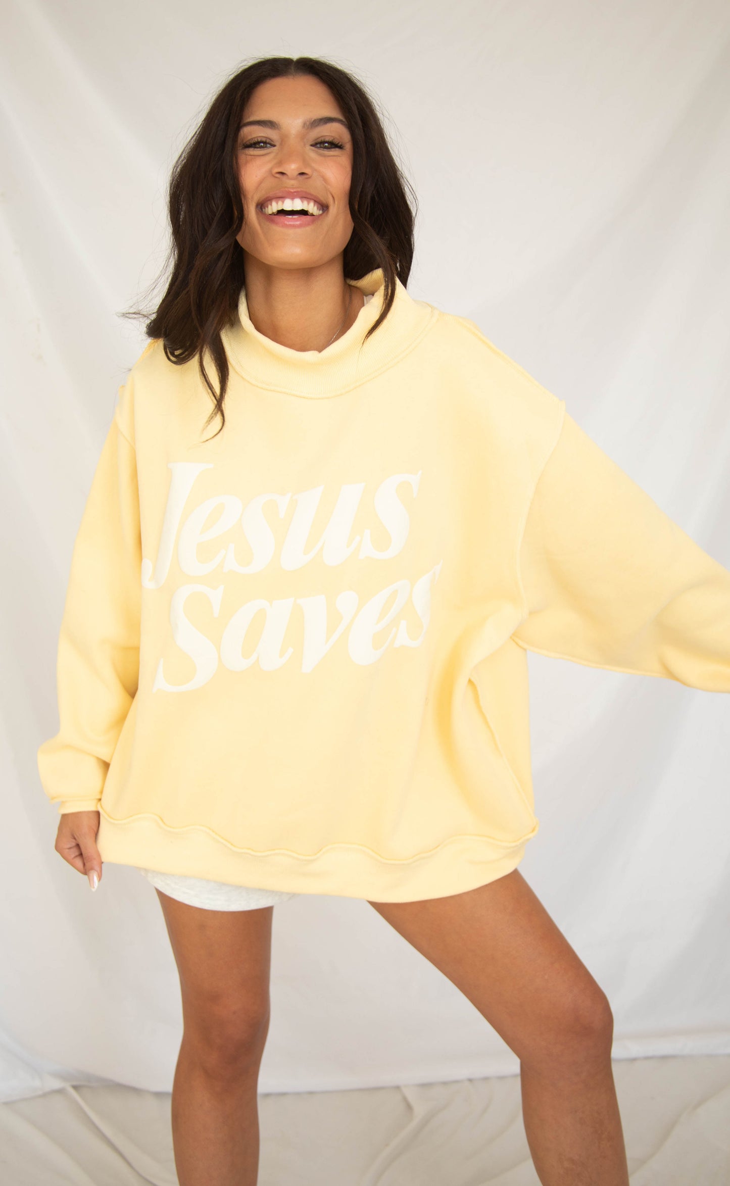 Jesus saves puff print mock neck sweatshirt