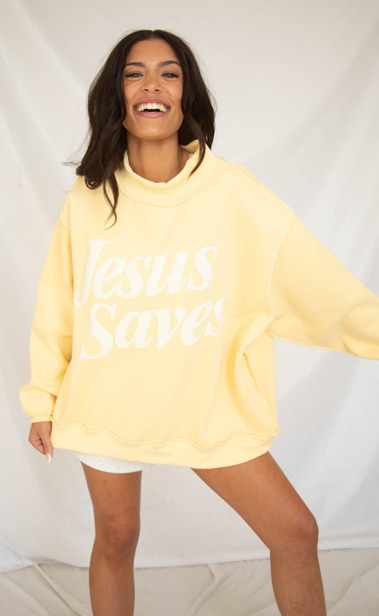 Jesus saves puff print mock neck sweatshirt