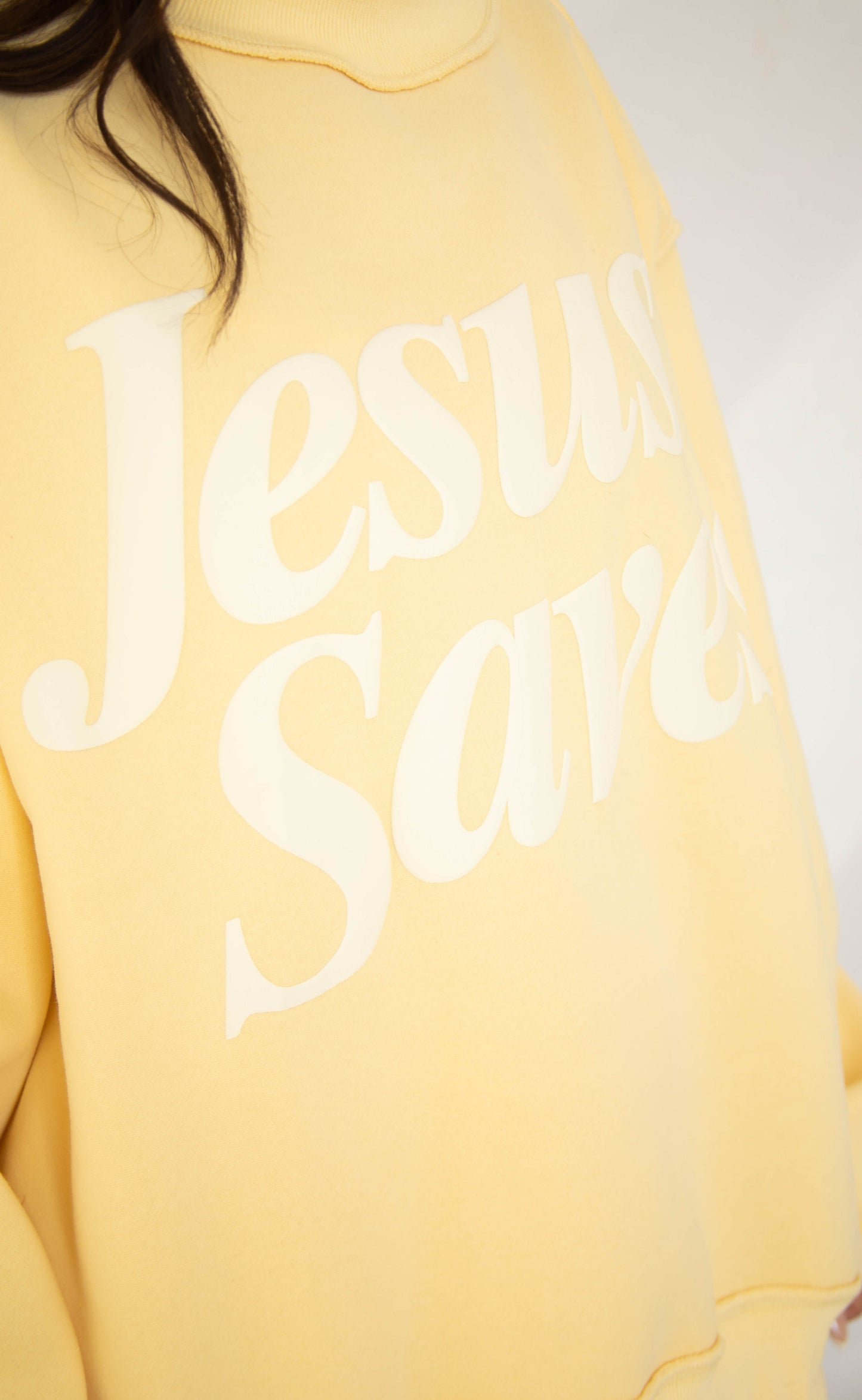 Jesus saves puff print mock neck sweatshirt