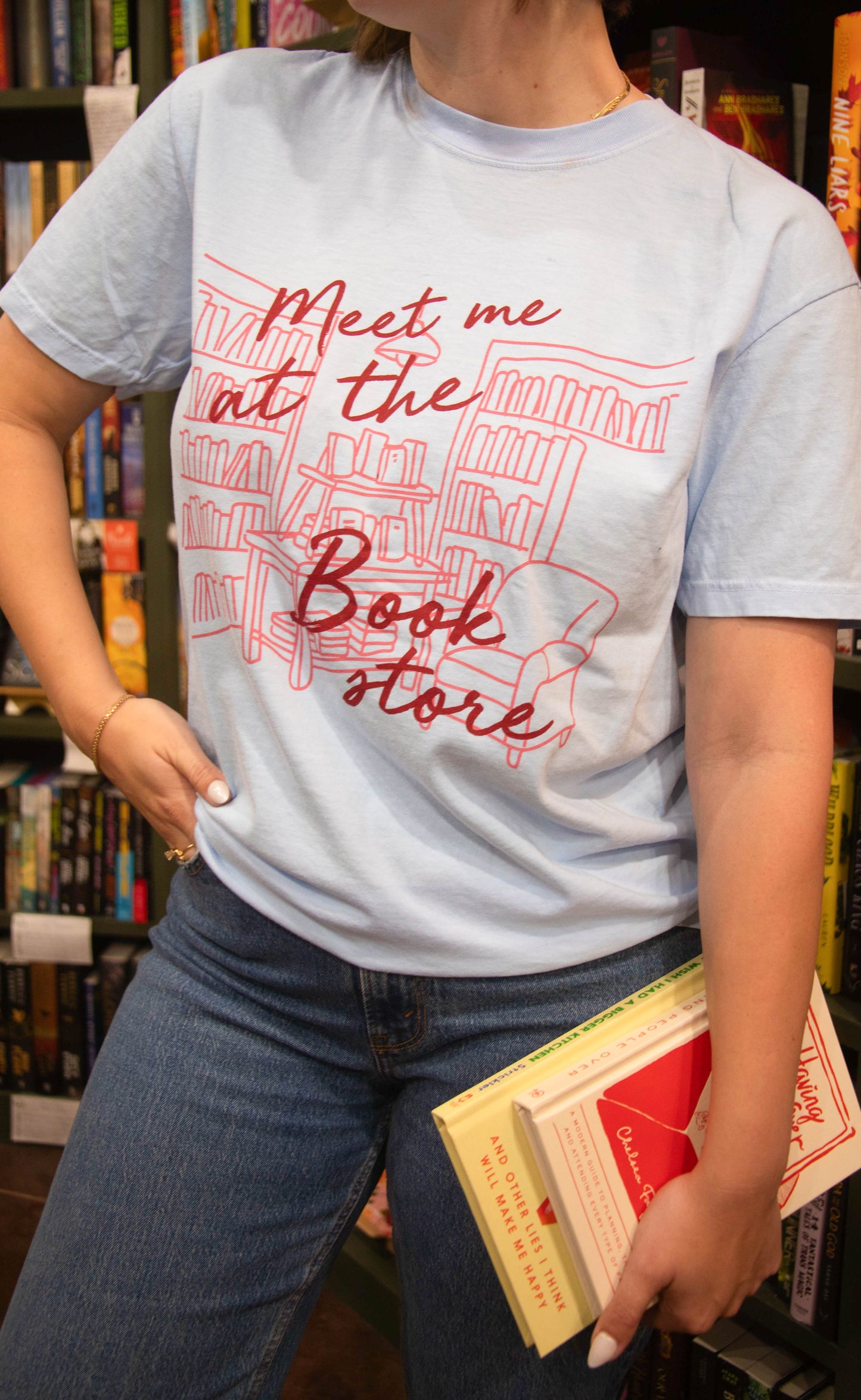 friday + saturday x jo johnson overby: meet me at the bookstore tee
