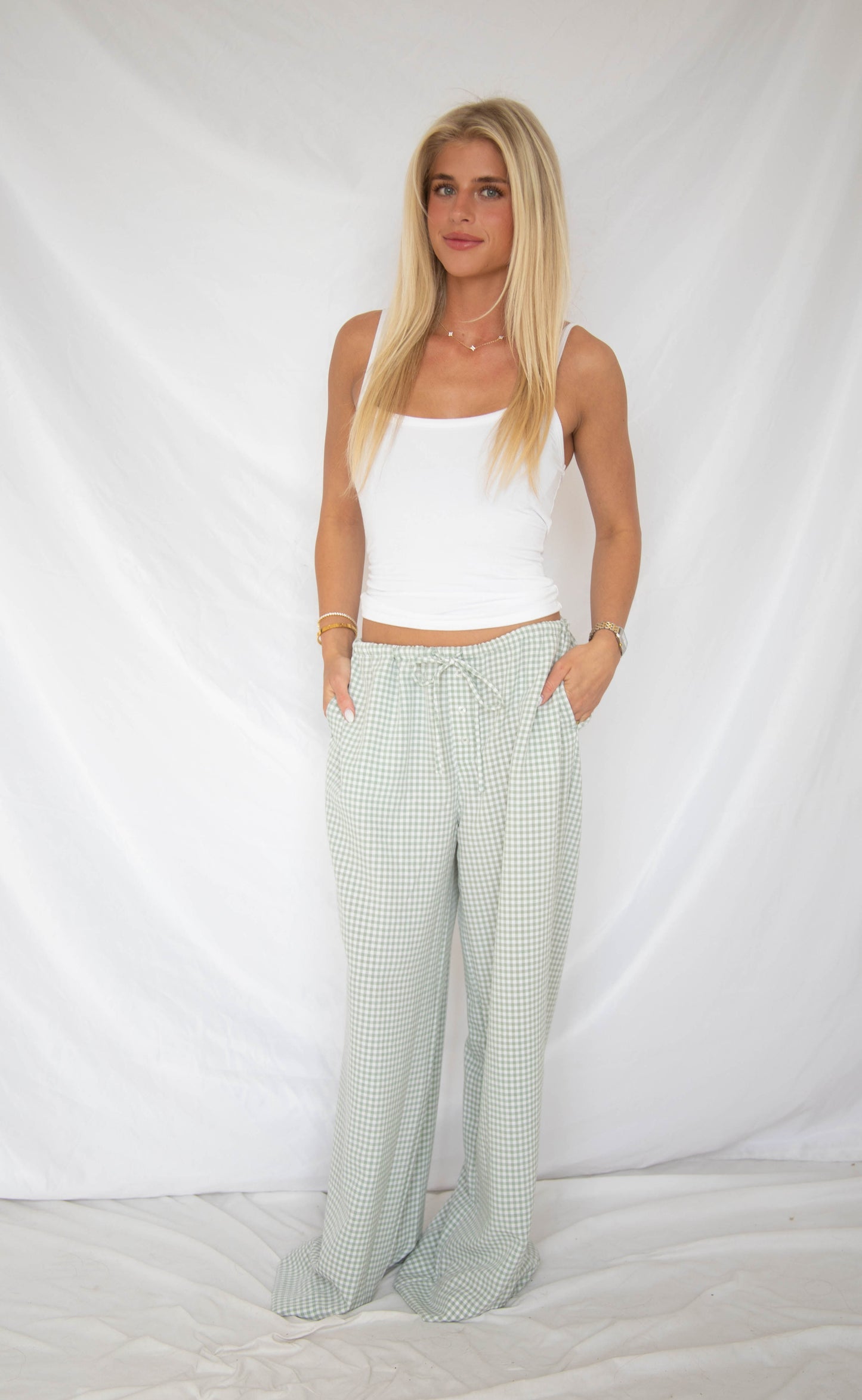take it slow gingham pants - sage