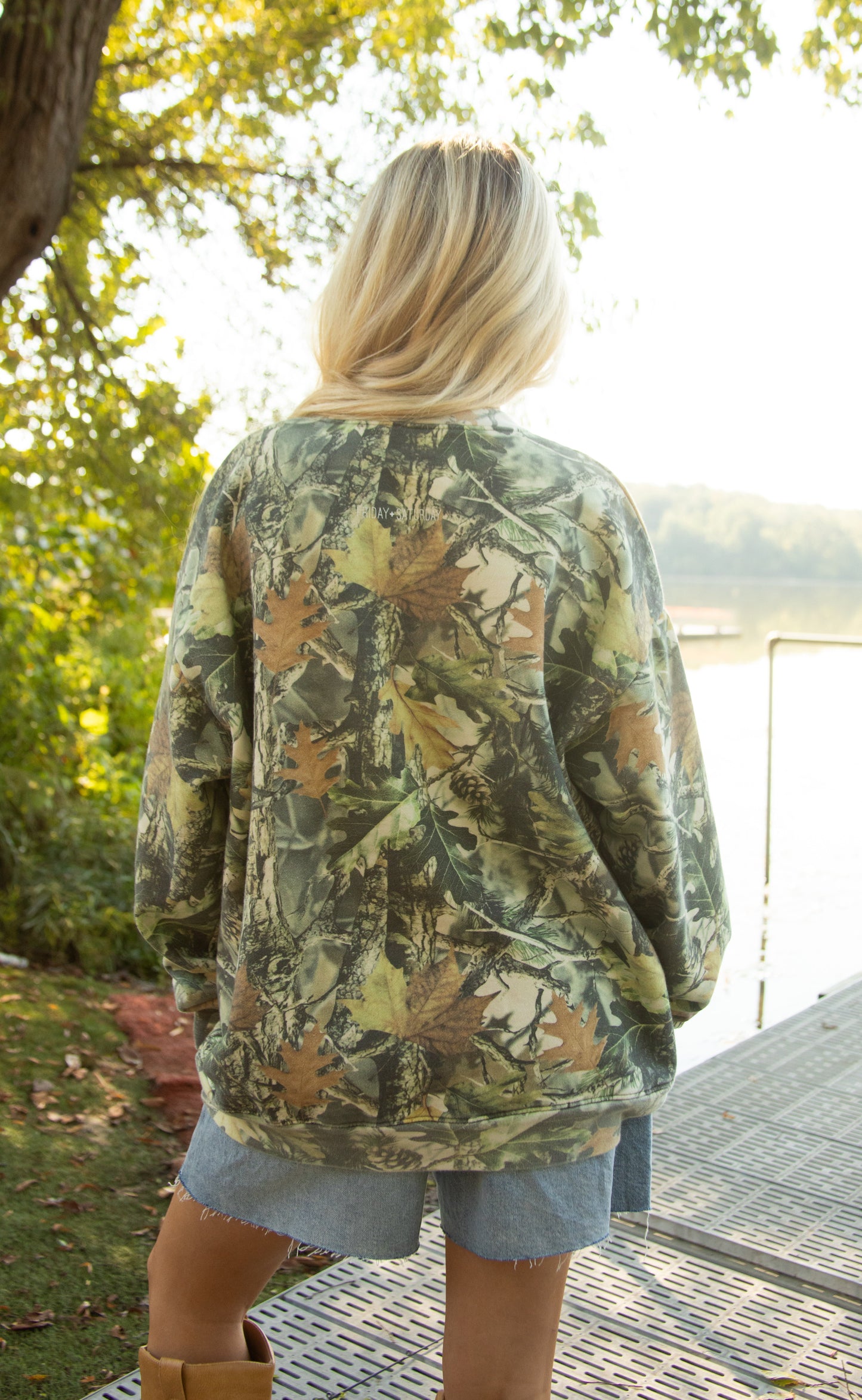 friday + saturday: keep moving forward camo sweatshirt
