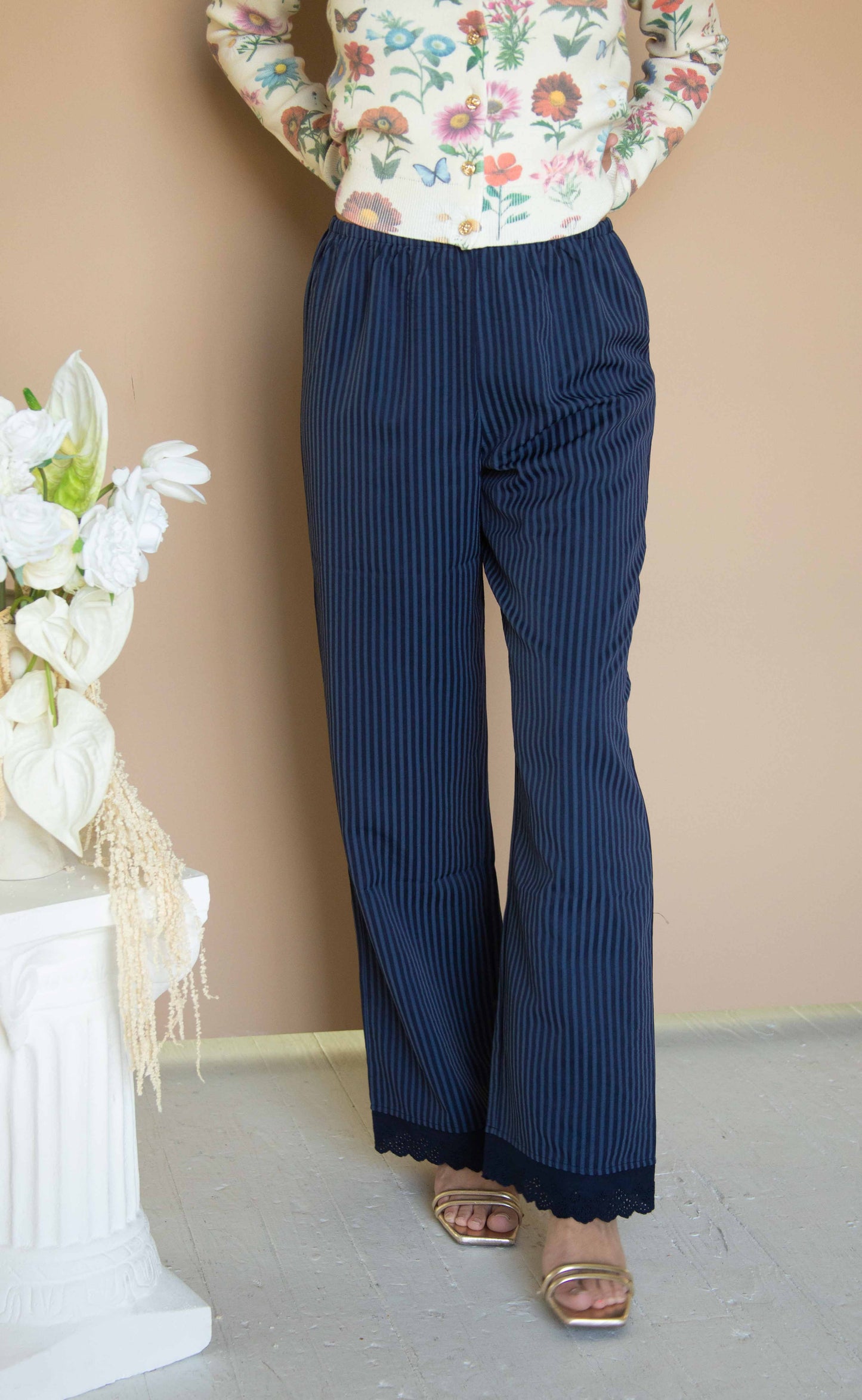 deep blue striped lace scalloped pants