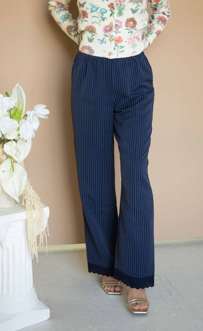 deep blue striped lace scalloped pants