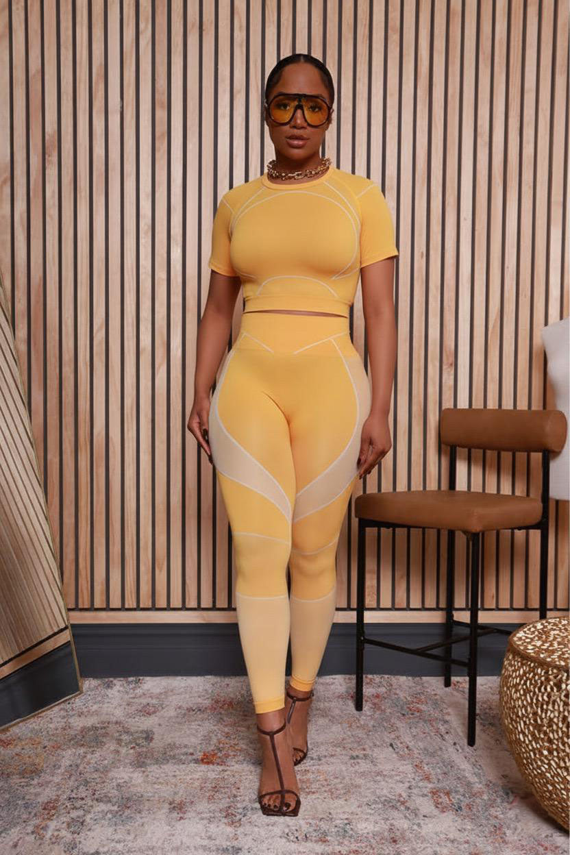 Tread Light Short Sleeve Seamless Cropped Legging Set - Yellow