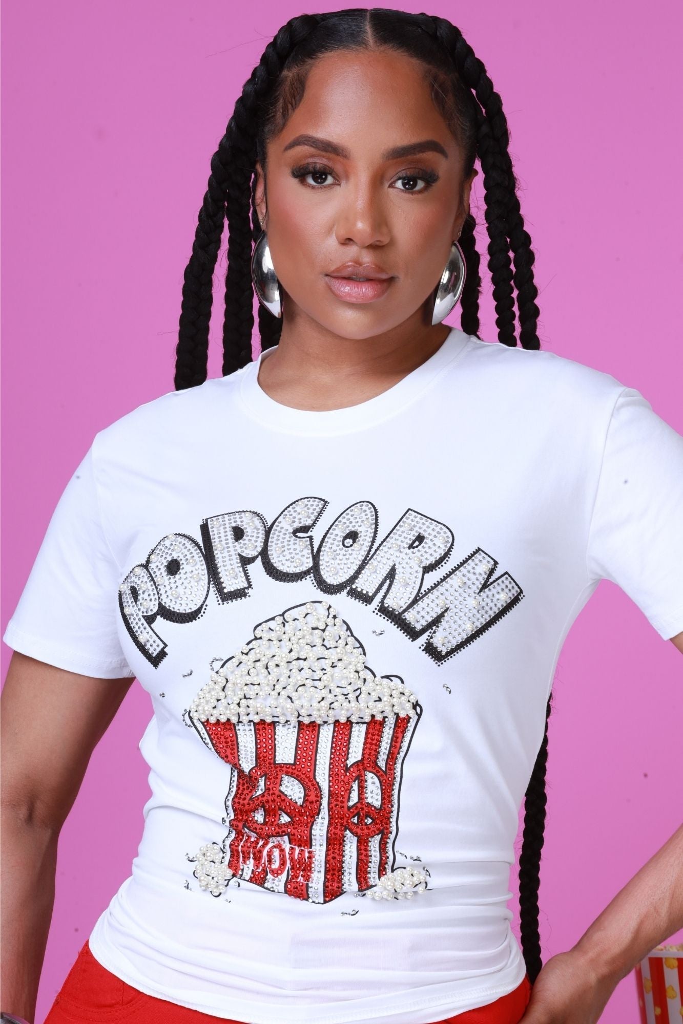 Movie Night Embellished Crewneck T-Shirt - White