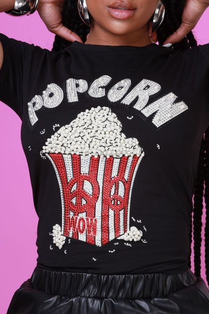 Movie Night Embellished Crewneck T-Shirt - Black