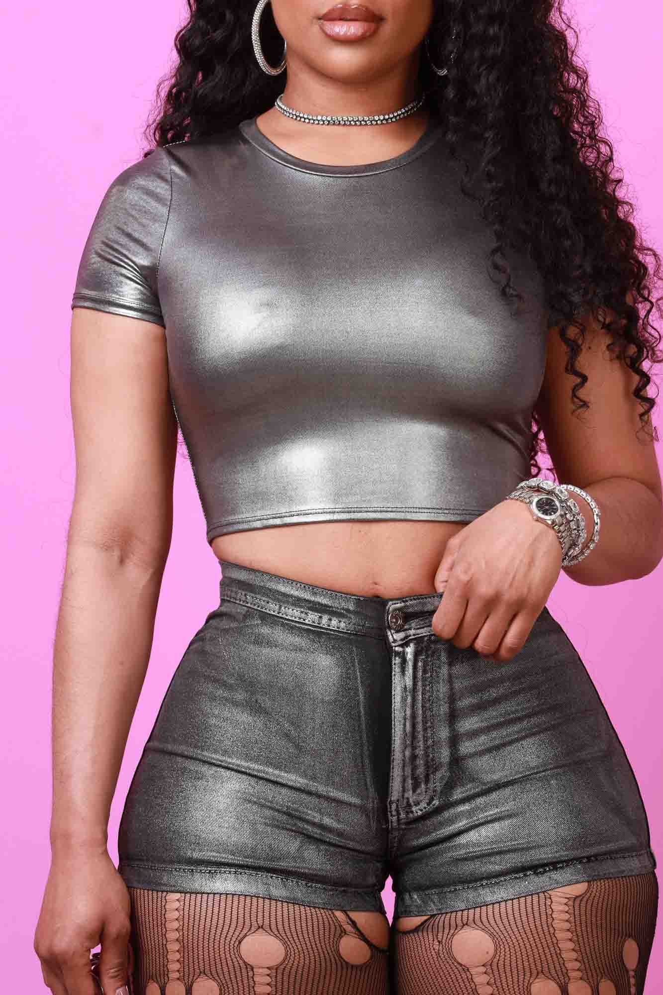 Copycat High Rise Foil Shorts - Black/Silver