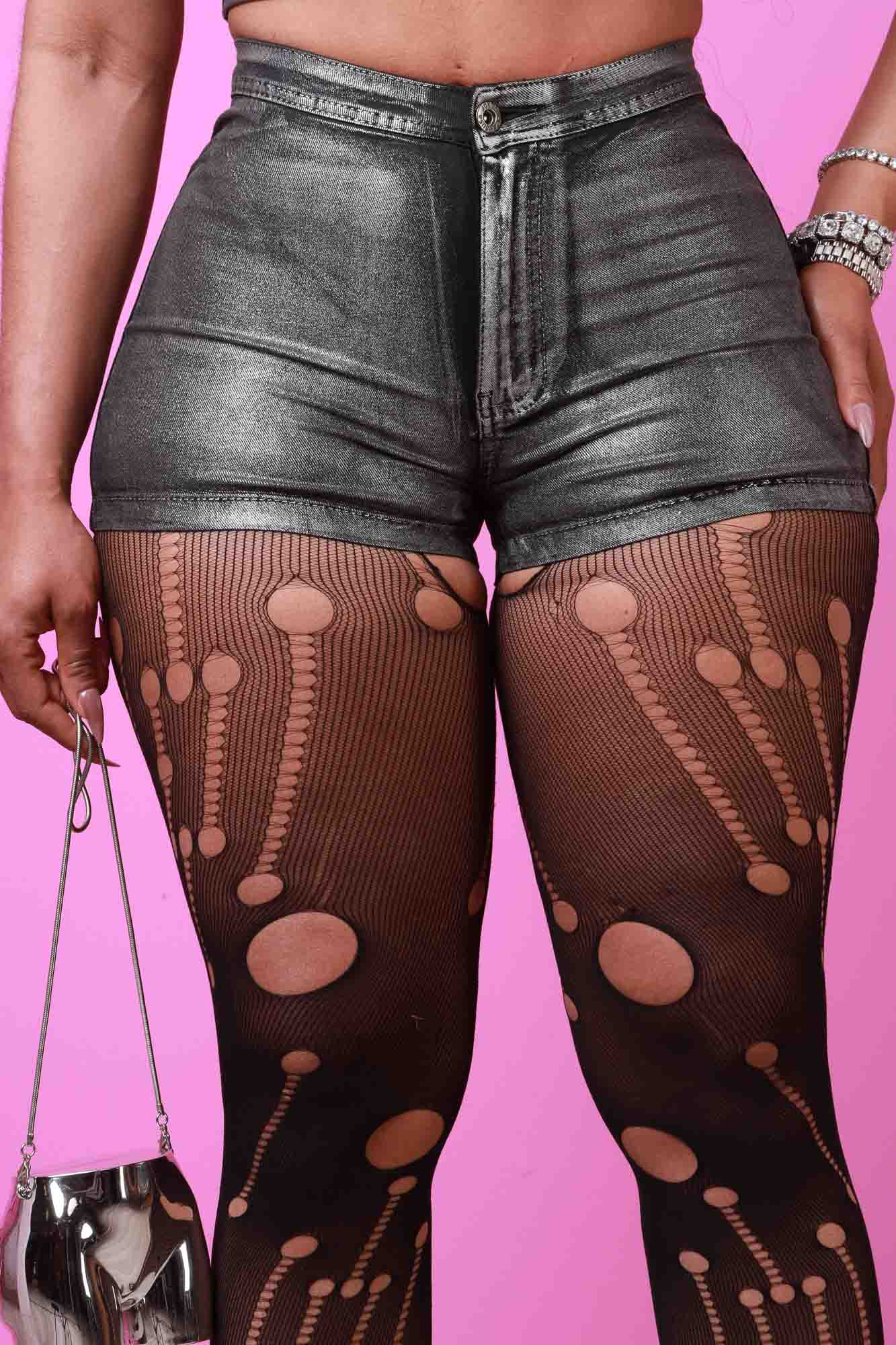 Copycat High Rise Foil Shorts - Black/Silver