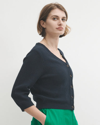 Lowie Navy Cotton Waffle Knit Cardigan