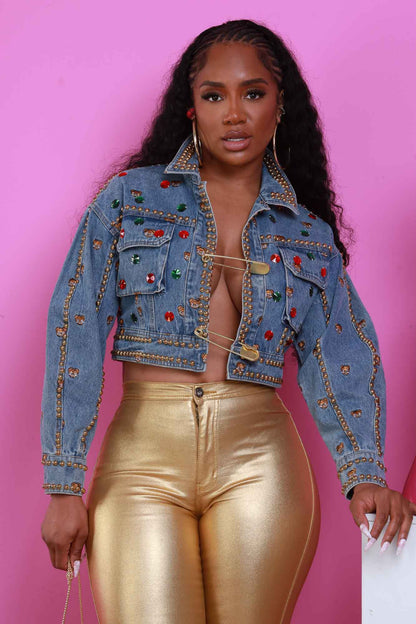 Bear With Me Embellished Cropped Denim Jacket - Med Wash