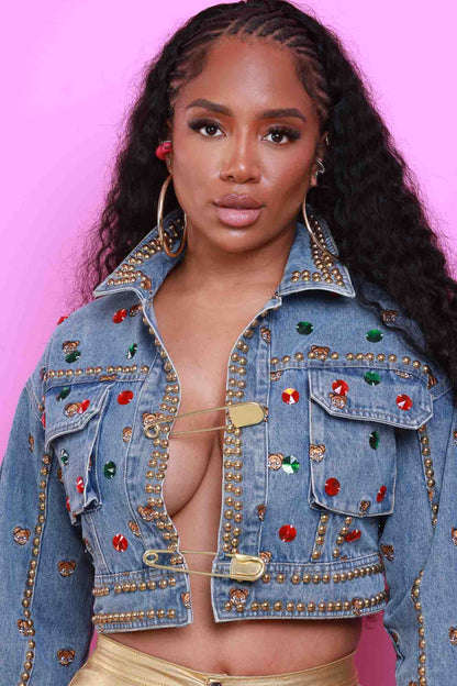 Bear With Me Embellished Cropped Denim Jacket - Med Wash