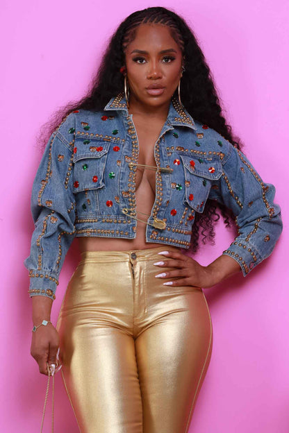 Bear With Me Embellished Cropped Denim Jacket - Med Wash