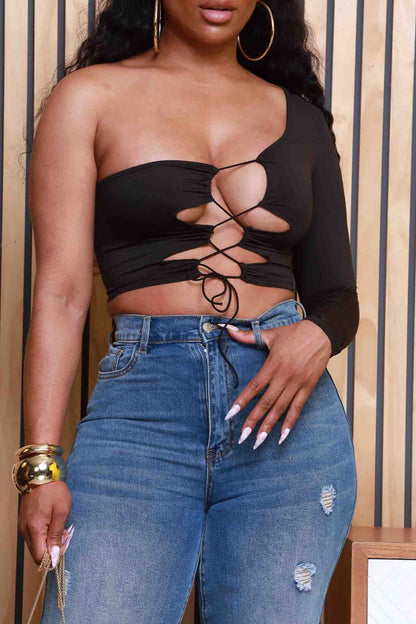 Sticky Situation One Shoulder Cut Out Crop Top - Black