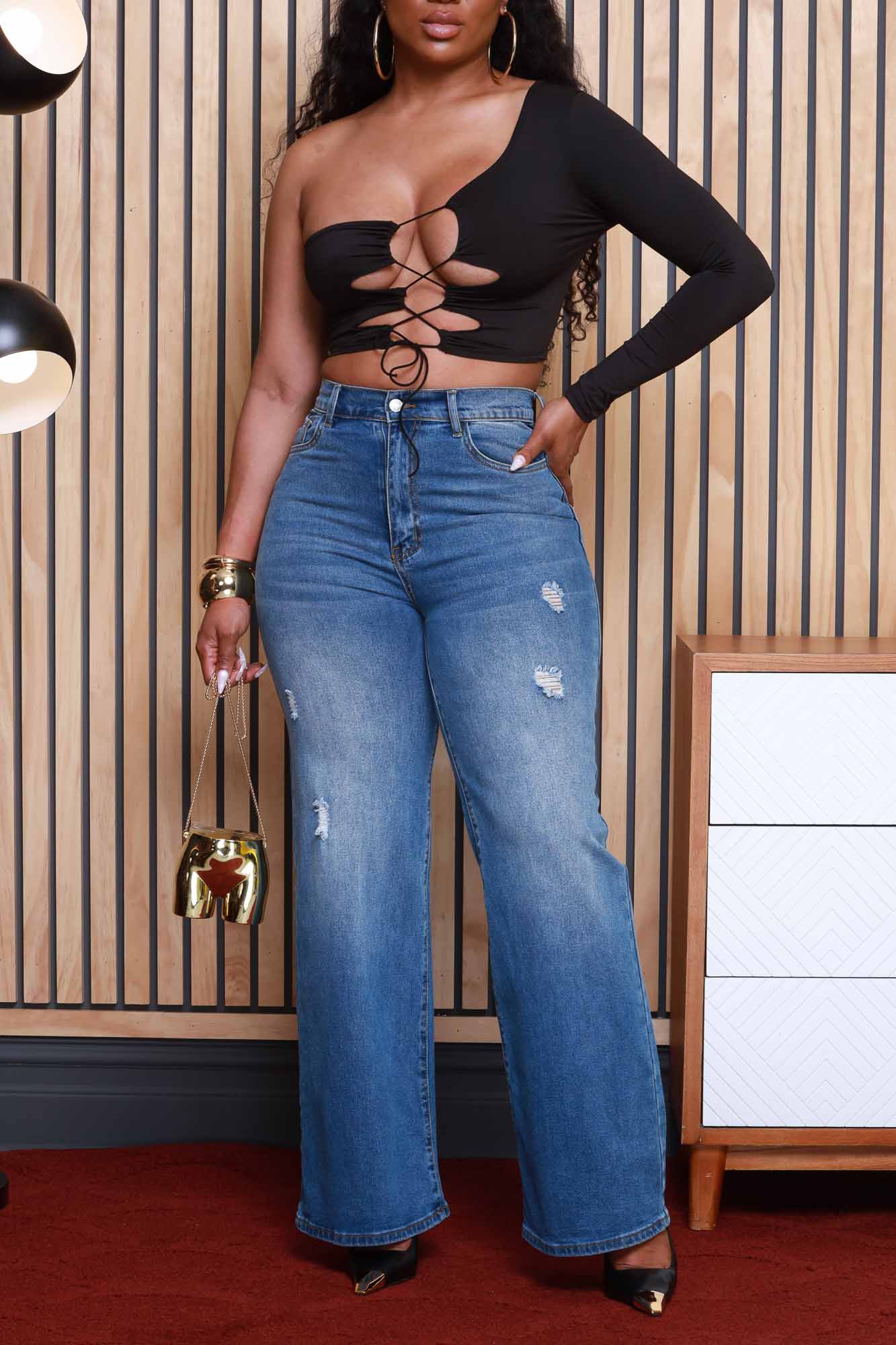 Sticky Situation One Shoulder Cut Out Crop Top - Black