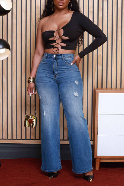 Sticky Situation One Shoulder Cut Out Crop Top - Black
