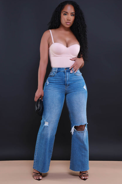 Rewind High Rise Jeans - Medium Wash Distressed Straight Leg