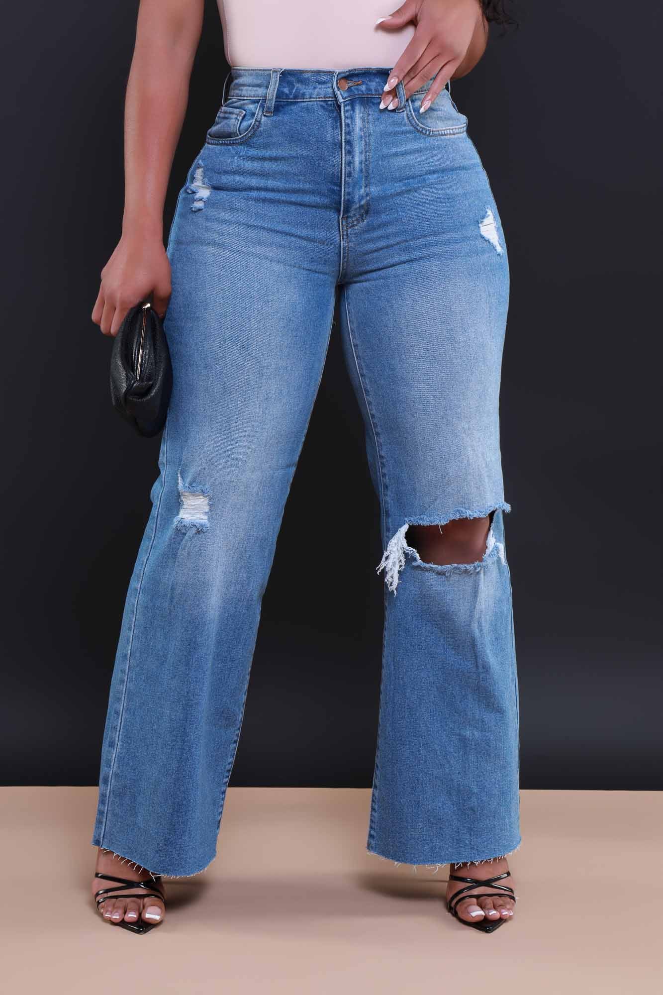 Rewind High Rise Jeans - Medium Wash Distressed Straight Leg