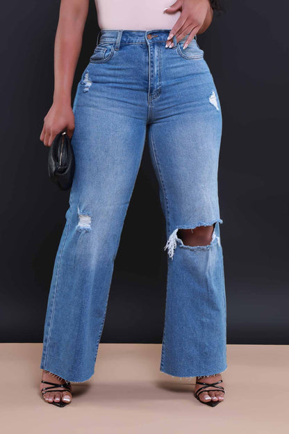 Rewind High Rise Jeans - Medium Wash Distressed Straight Leg