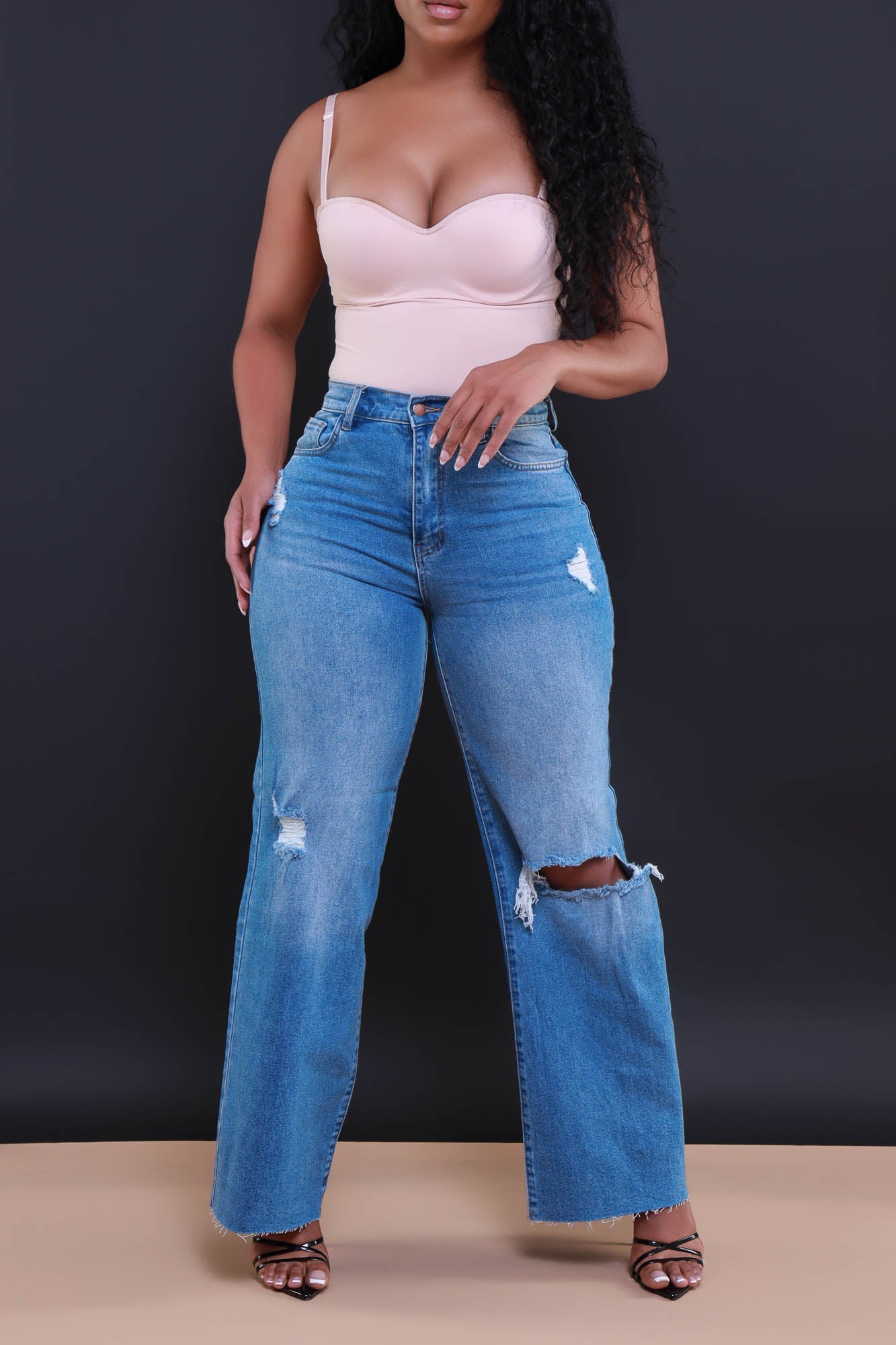 Rewind High Rise Jeans - Medium Wash Distressed Straight Leg