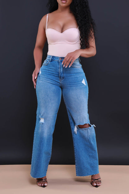 Rewind High Rise Jeans - Medium Wash Distressed Straight Leg