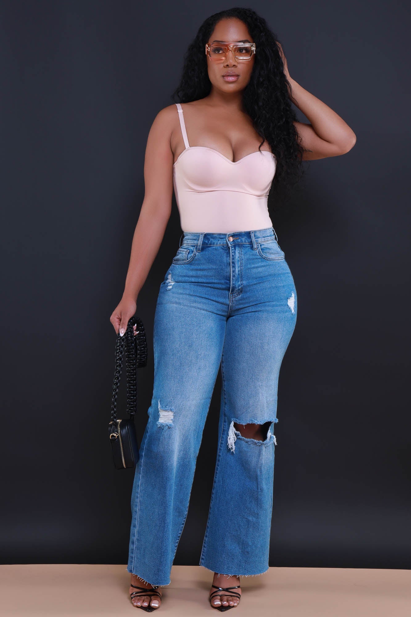 Rewind High Rise Jeans - Medium Wash Distressed Straight Leg