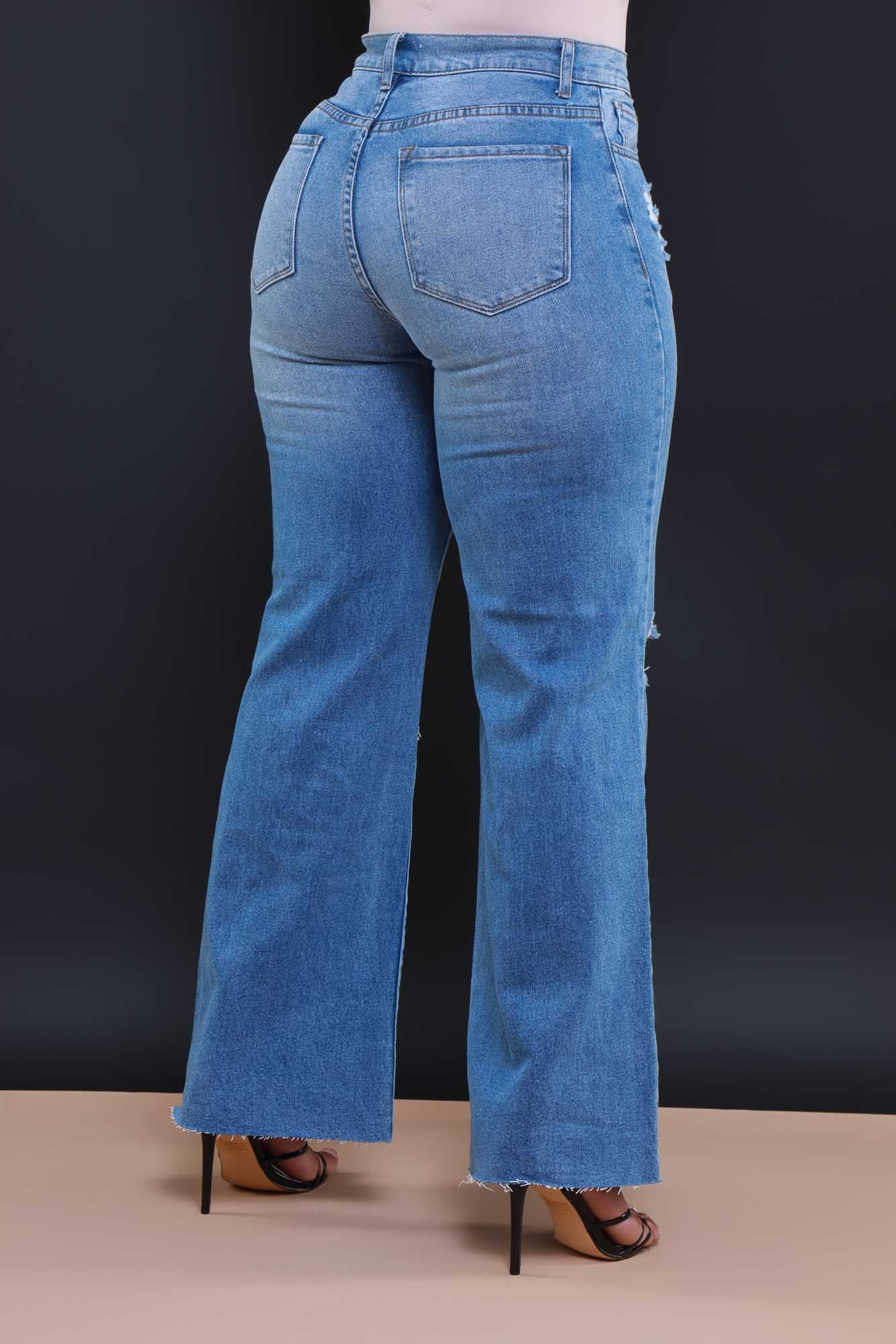Rewind High Rise Jeans - Medium Wash Distressed Straight Leg
