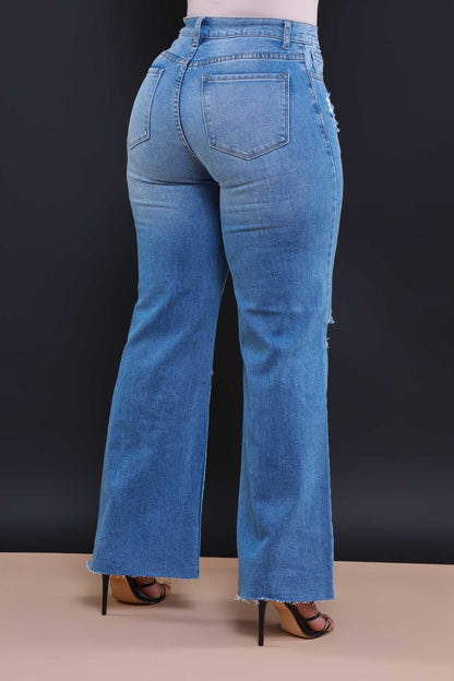 Rewind High Rise Jeans - Medium Wash Distressed Straight Leg