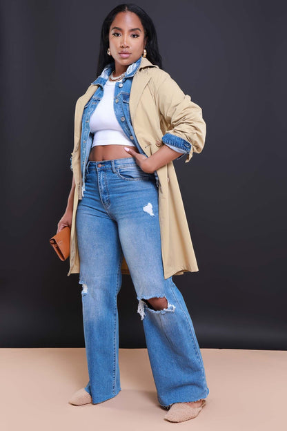 Rewind High Rise Jeans - Medium Wash Distressed Straight Leg