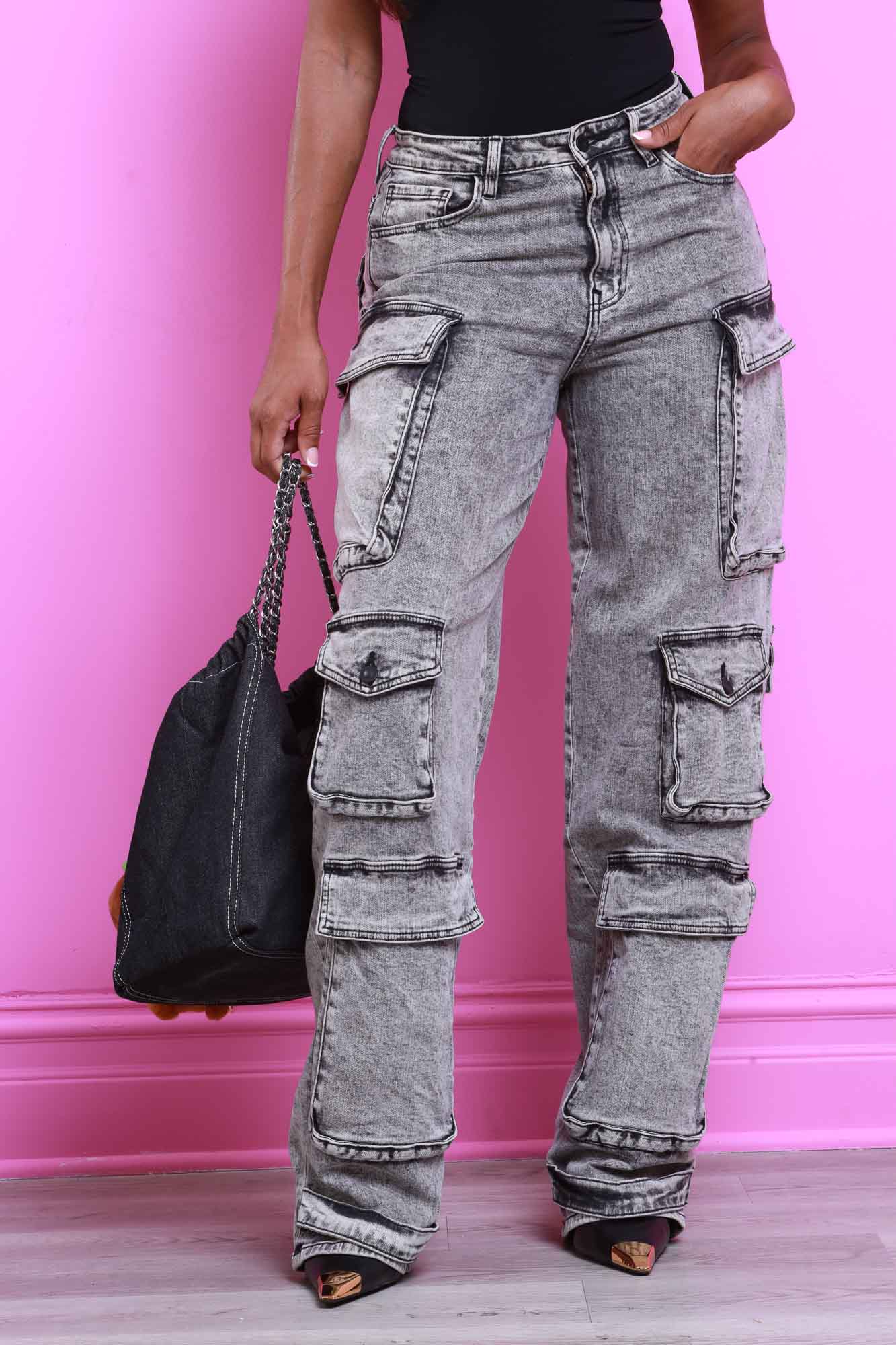 Liza High Rise Cargo Jeans - Black Acid Wash