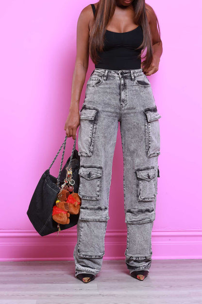 Liza High Rise Cargo Jeans - Black Acid Wash