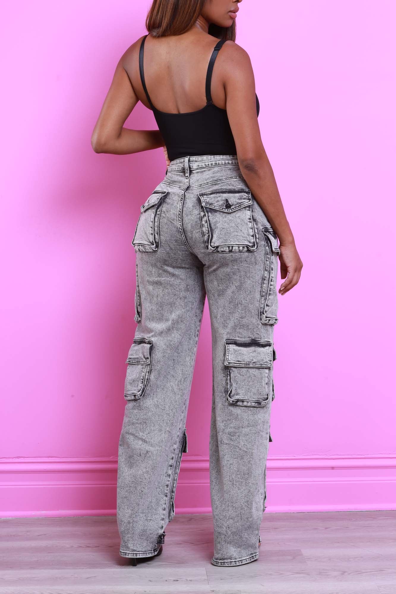 Liza High Rise Cargo Jeans - Black Acid Wash