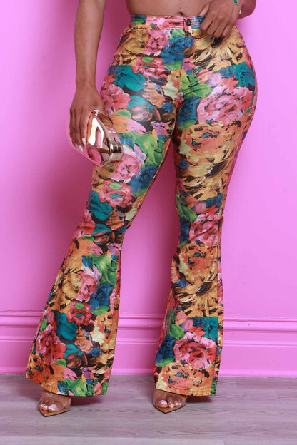 Wildflower High Rise Floral Print Faux Leather - Multicolor Flare Pants