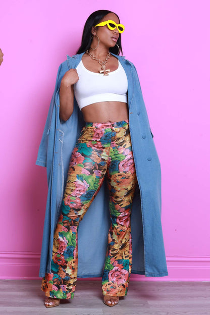 Wildflower High Rise Floral Print Faux Leather - Multicolor Flare Pants