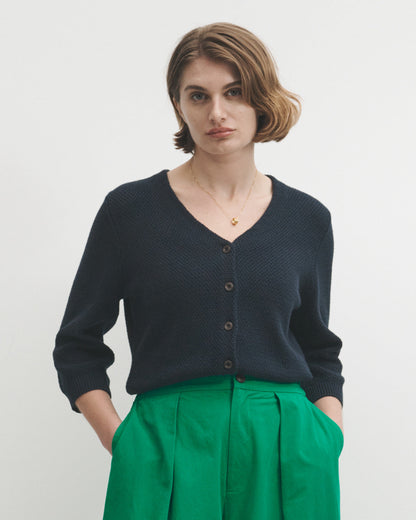 Lowie Navy Cotton Waffle Knit Cardigan