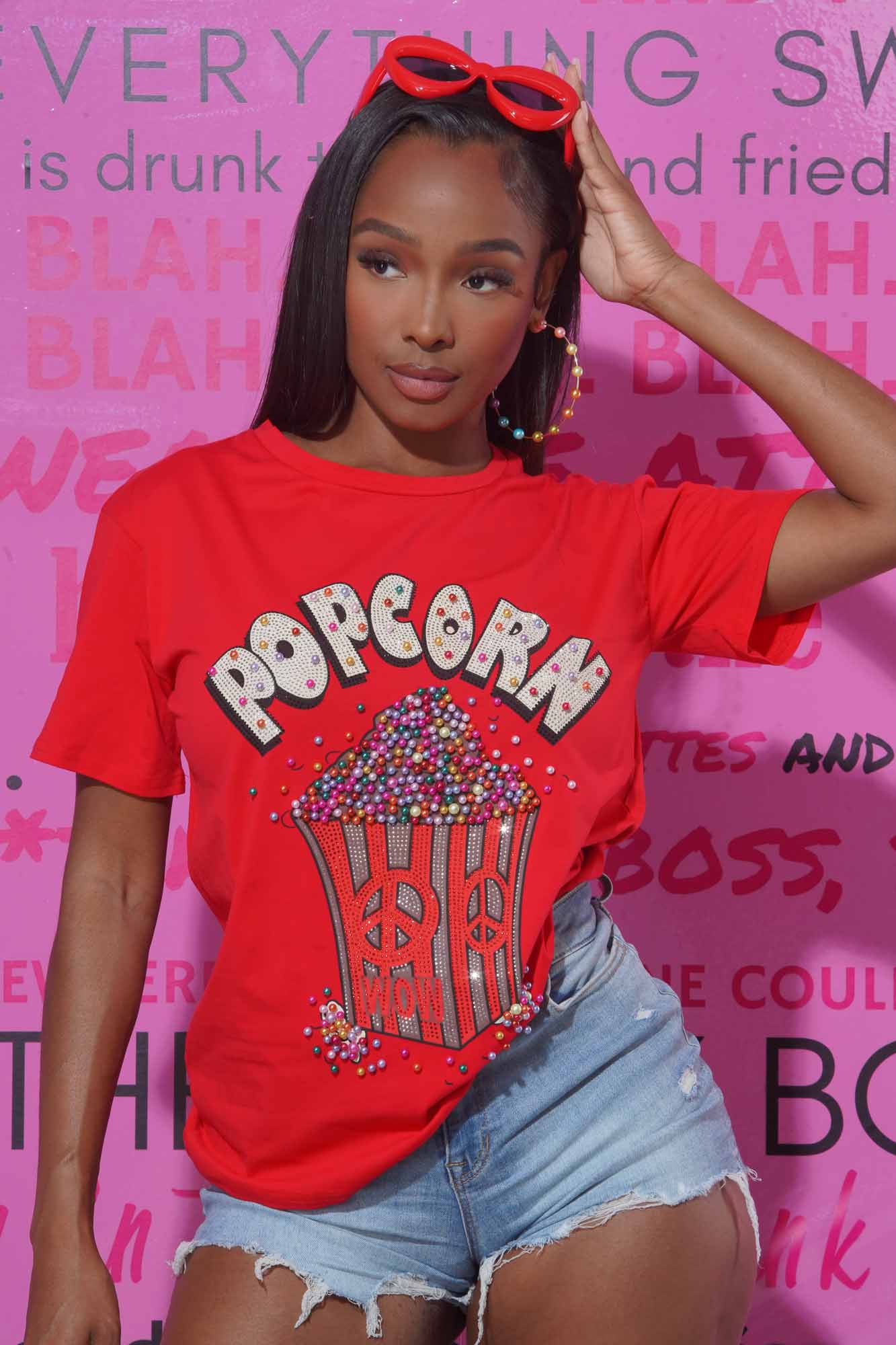 Movie Night Embellished Crewneck T-Shirt - Red