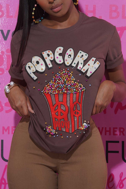 Movie Night Embellished Crewneck T-Shirt - Brown