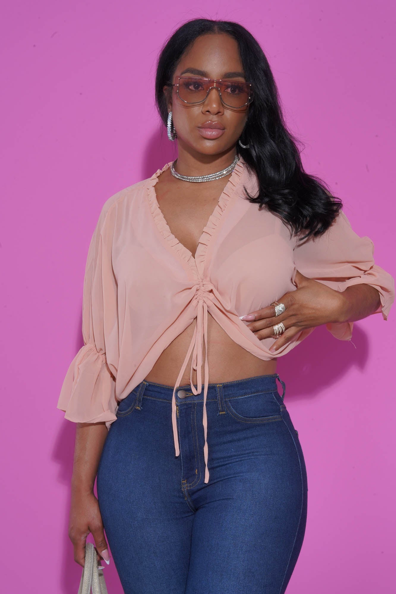 Tell Me To Stay Ruched Chiffon Blouse - Dark Pink