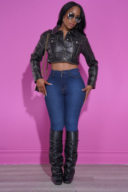 Rough Rider Western Cropped Faux Leather Jacket - Black