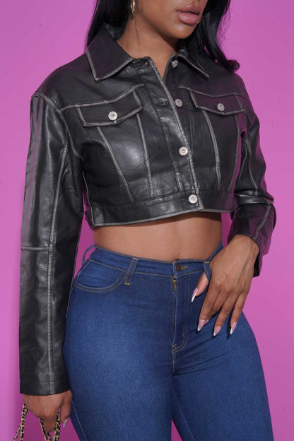 Rough Rider Western Cropped Faux Leather Jacket - Black