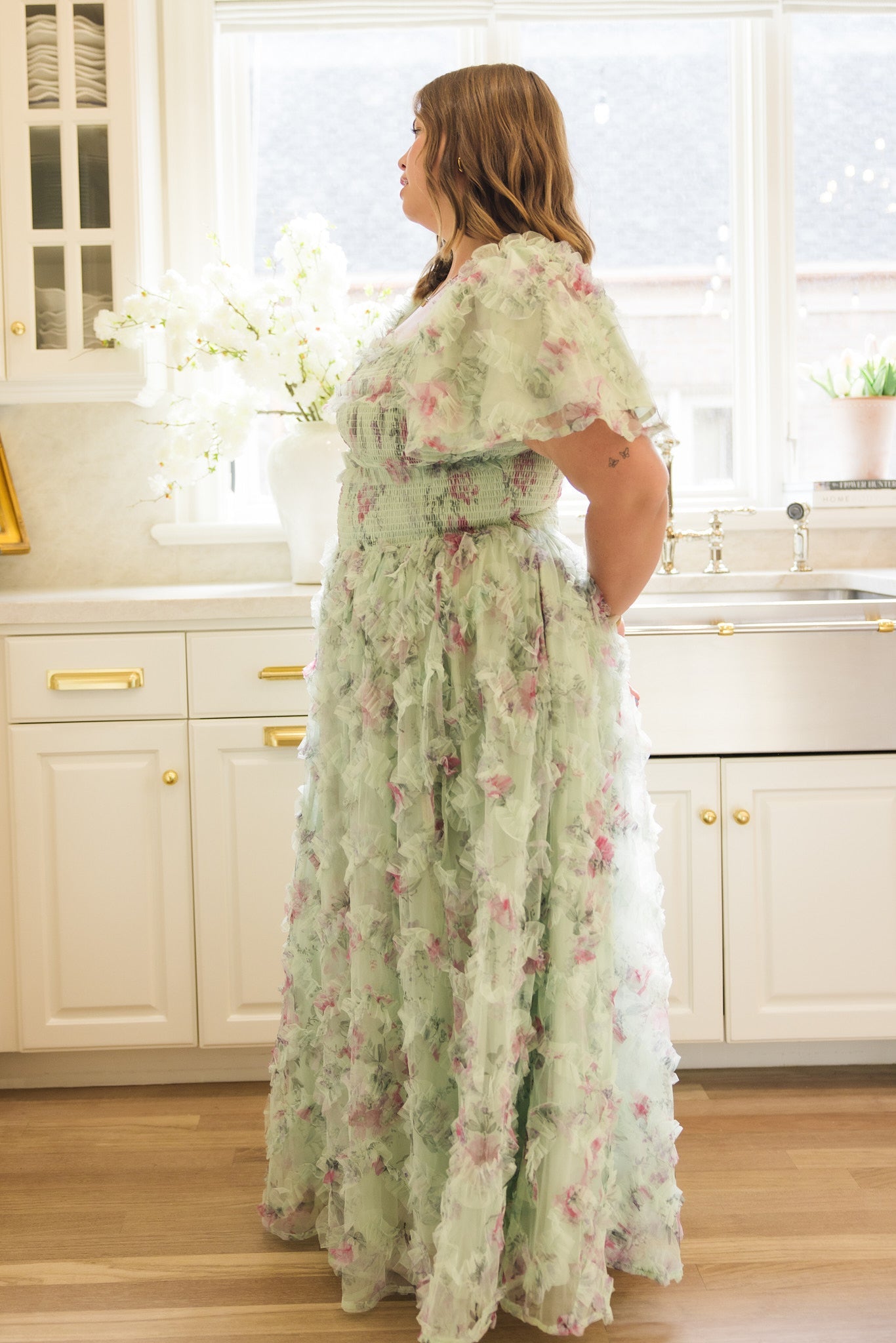 Florentina Dress in Pistachio Aquarelle Fleur