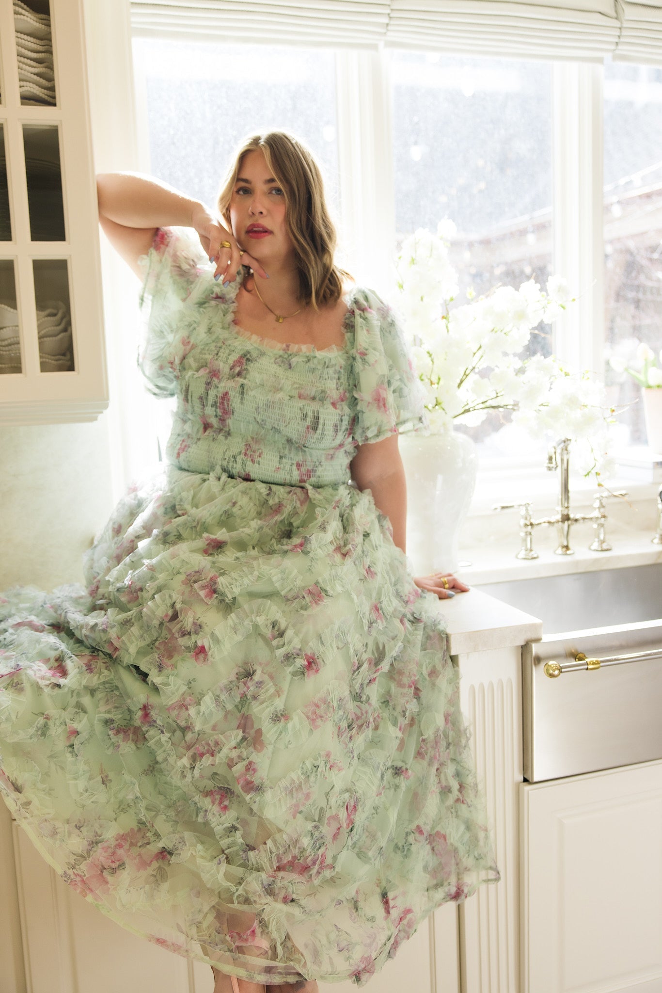 Florentina Dress in Pistachio Aquarelle Fleur