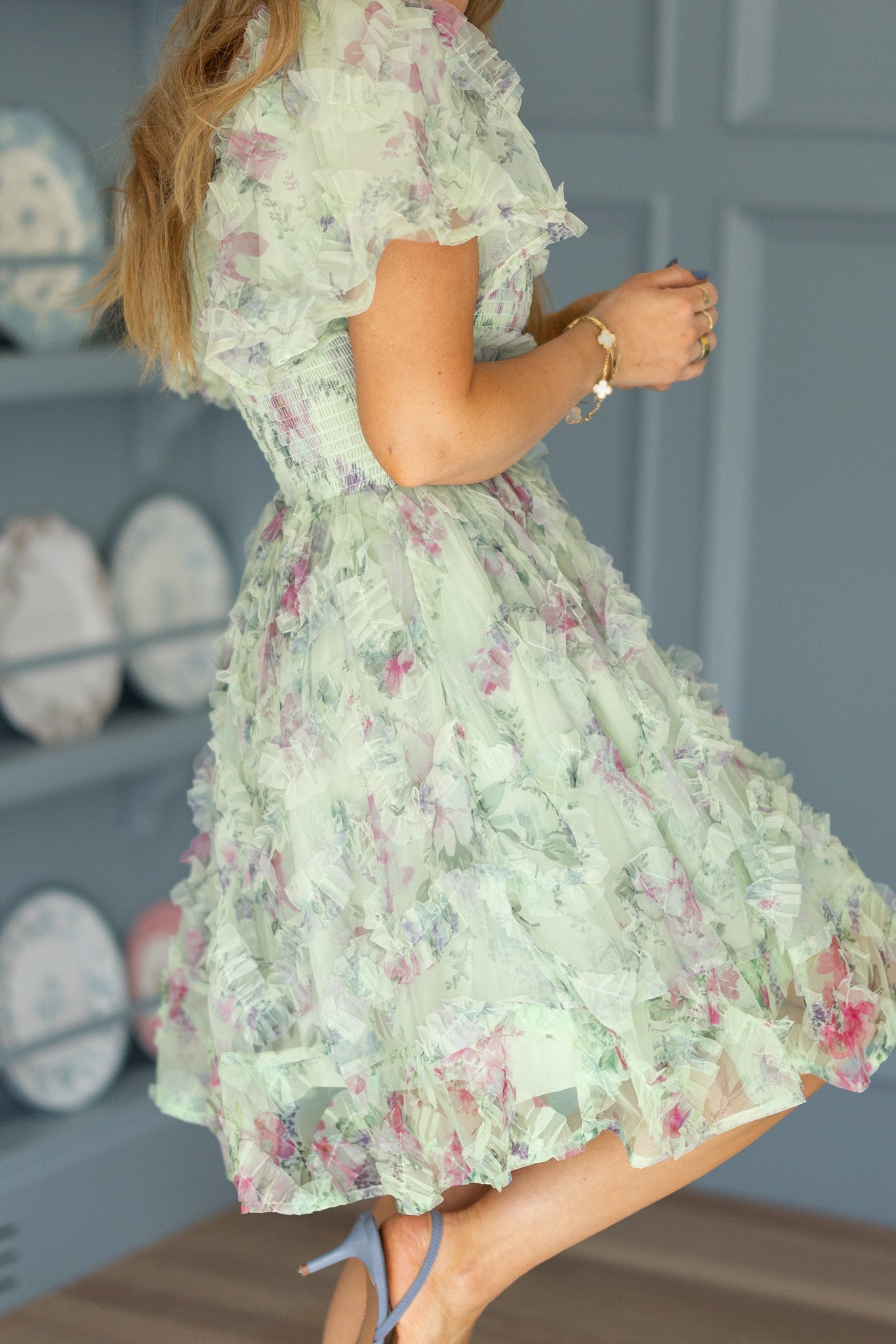 Florentina Short Dress in Pistachio Aquarelle Fleur