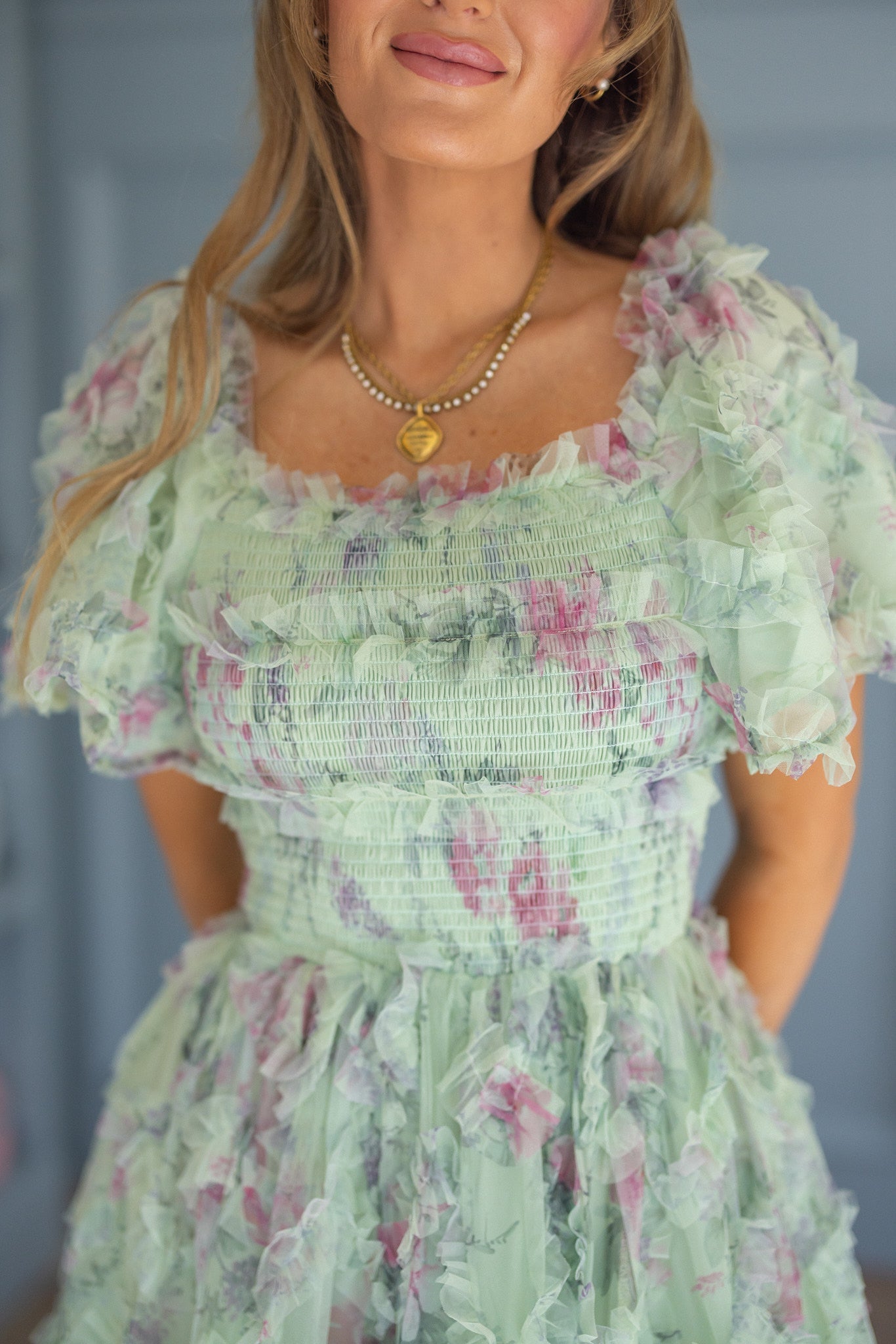 Florentina Short Dress in Pistachio Aquarelle Fleur
