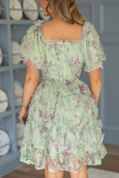 Florentina Short Dress in Pistachio Aquarelle Fleur